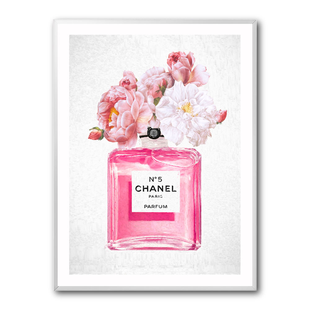 Framed Canvas Art (Champagne) - Perfume & Flowers by Elza Fouche ( Fashion > Hair & Beauty > Perfume Bottles art) - 26x18 in