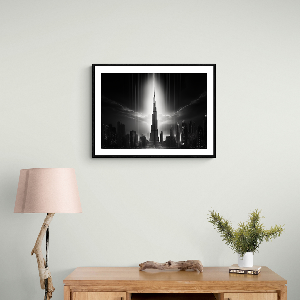 Burj Khalifa Storm Black & White Wall Art Burj Khalifa Storm Black & White Wall Art