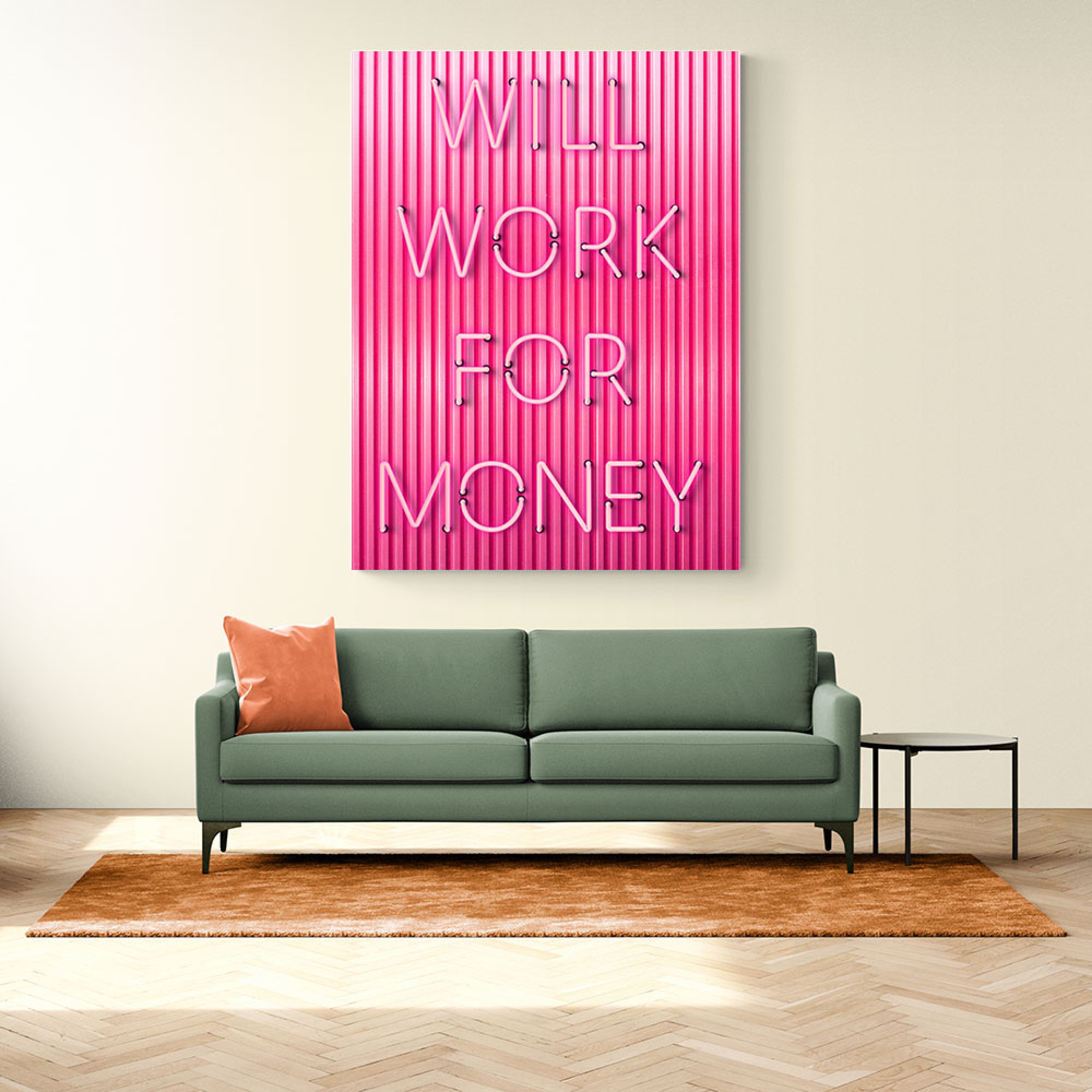 Will Work For Money Neon Pink Quote Wall Art