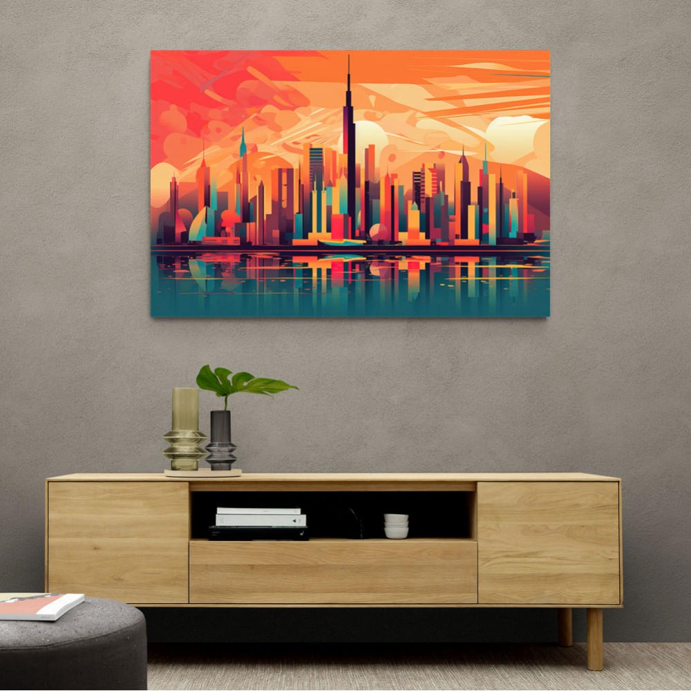 Skyline of Downtown Dubai in a Hockney Style Wall Art