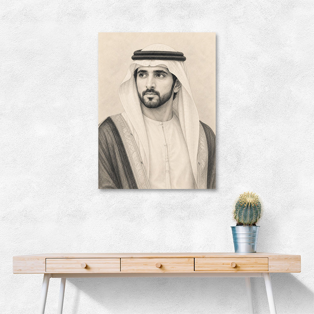 Sheikh Hamdan bin Mohammed bin Rashid Al Maktoum Pencil Sketch Style Portrait