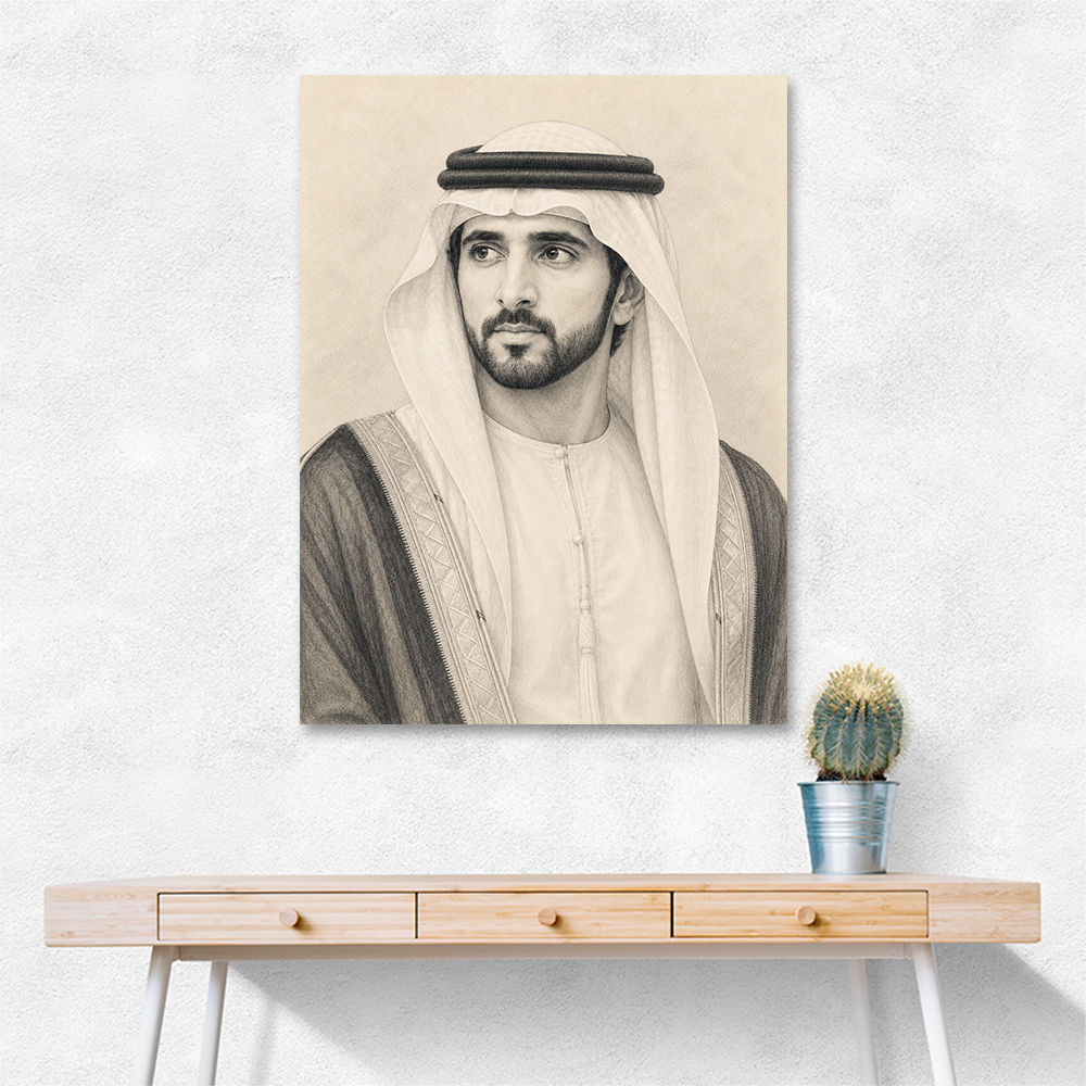 Sheikh Hamdan bin Mohammed bin Rashid Al Maktoum Pencil Sketch Style Portrait