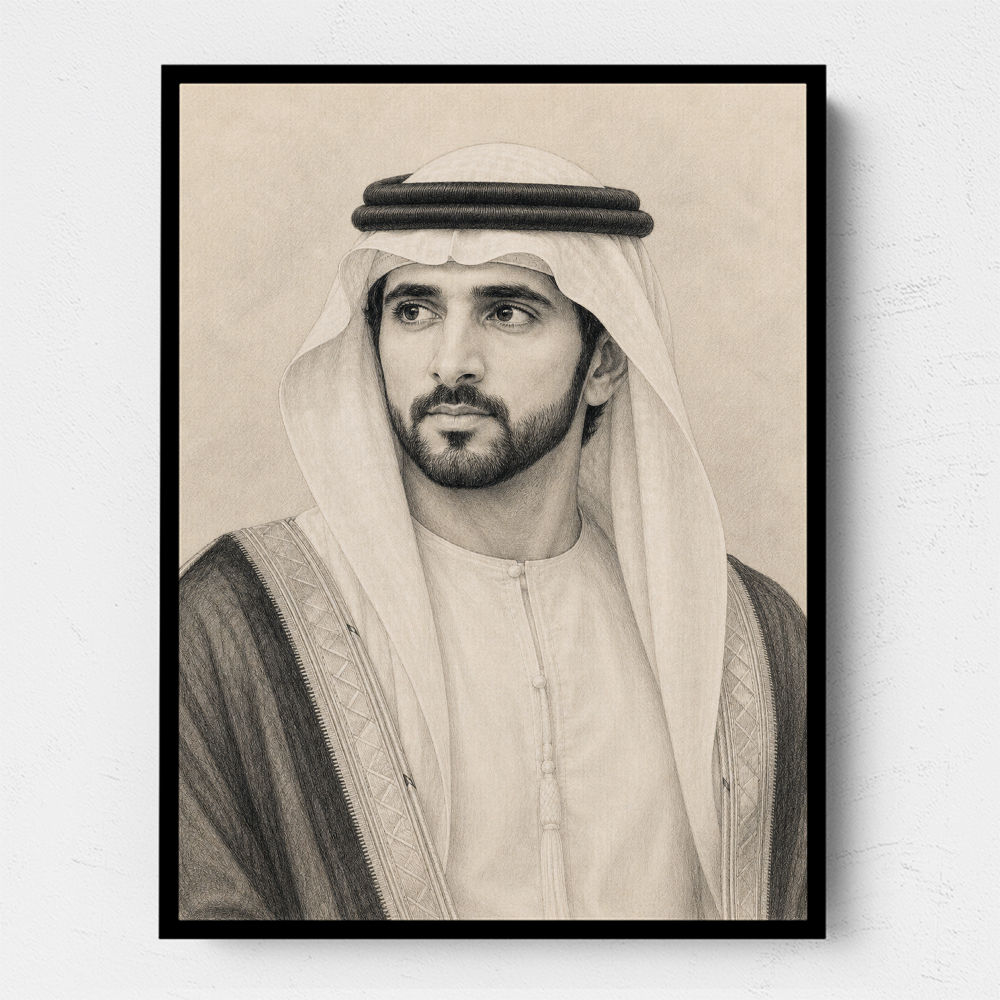 Sheikh Hamdan bin Mohammed bin Rashid Al Maktoum Pencil Sketch Style Portrait