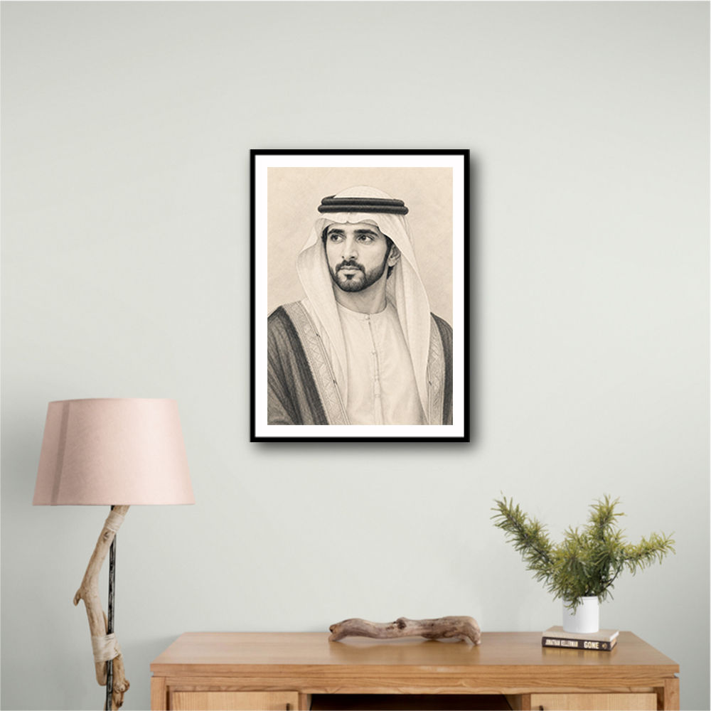 Sheikh Hamdan bin Mohammed bin Rashid Al Maktoum Pencil Sketch Style Portrait