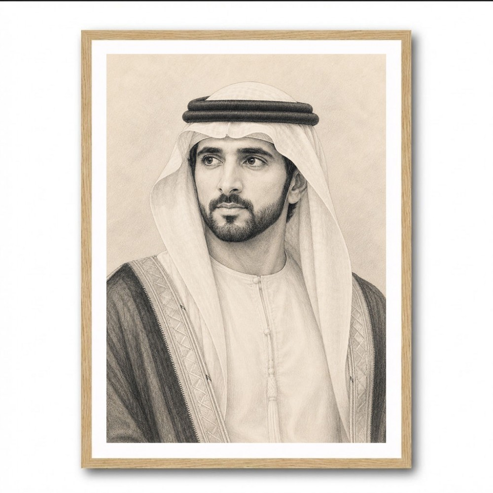 Sheikh Hamdan bin Mohammed bin Rashid Al Maktoum Pencil Sketch Style Portrait