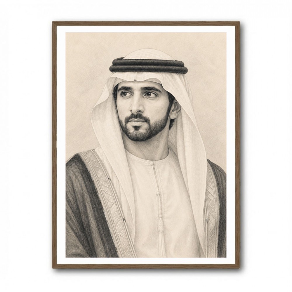 Sheikh Hamdan bin Mohammed bin Rashid Al Maktoum Pencil Sketch Style Portrait