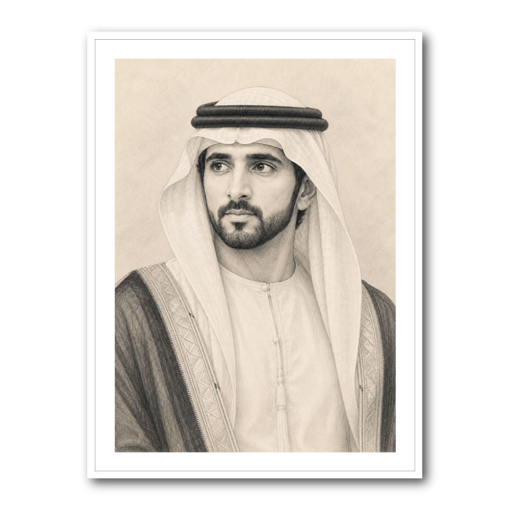 Sheikh Hamdan bin Mohammed bin Rashid Al Maktoum Pencil Sketch Style Portrait
