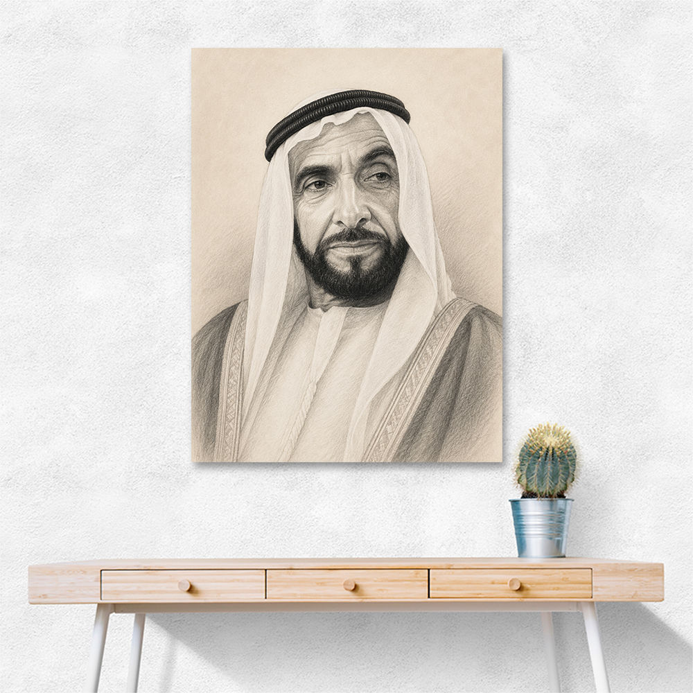 Sheikh Zayed Bin Sultan Al Nahyan Pencil Sketch Style Portrait