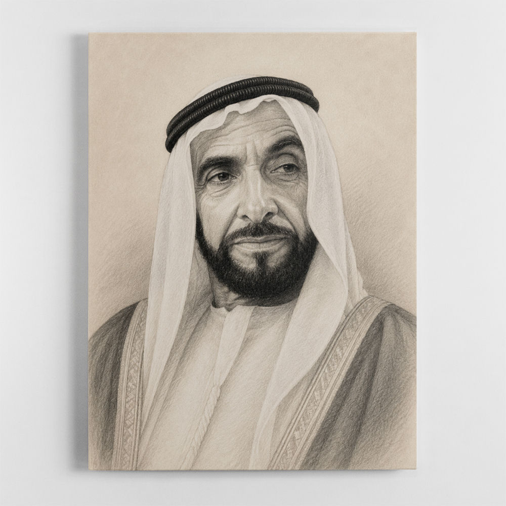Sheikh Zayed Bin Sultan Al Nahyan Pencil Sketch Style Portrait