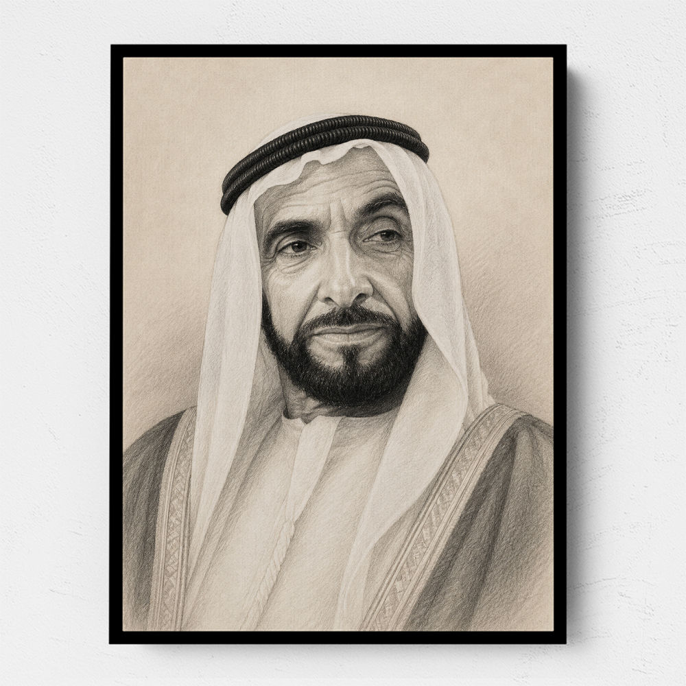 Sheikh Zayed Bin Sultan Al Nahyan Pencil Sketch Style Portrait
