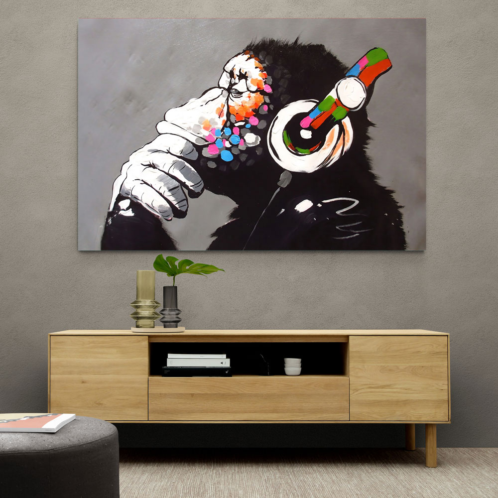 Banksy DJ Monkey Coloured Rain Duo Graffiti Canvas Wall Art Print - Framed Options