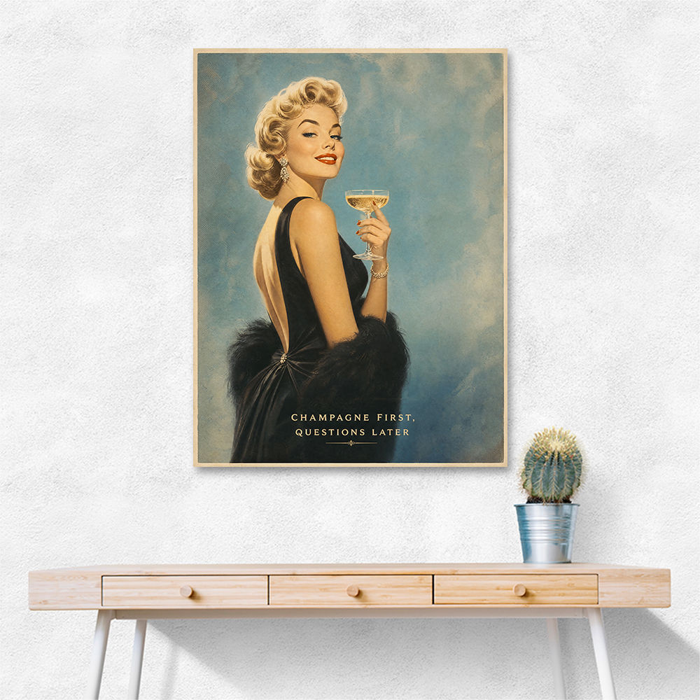 Champagne First - Questions Later Vintage Glamour Style Wall Art