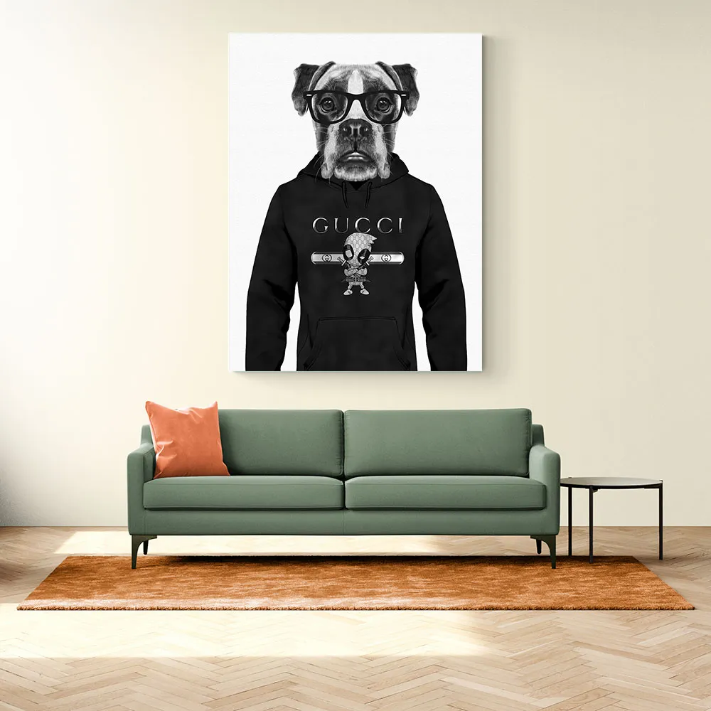 Boxer Dog in a Hoodie Black & White Boxer Dog in a Hoodie Black & White