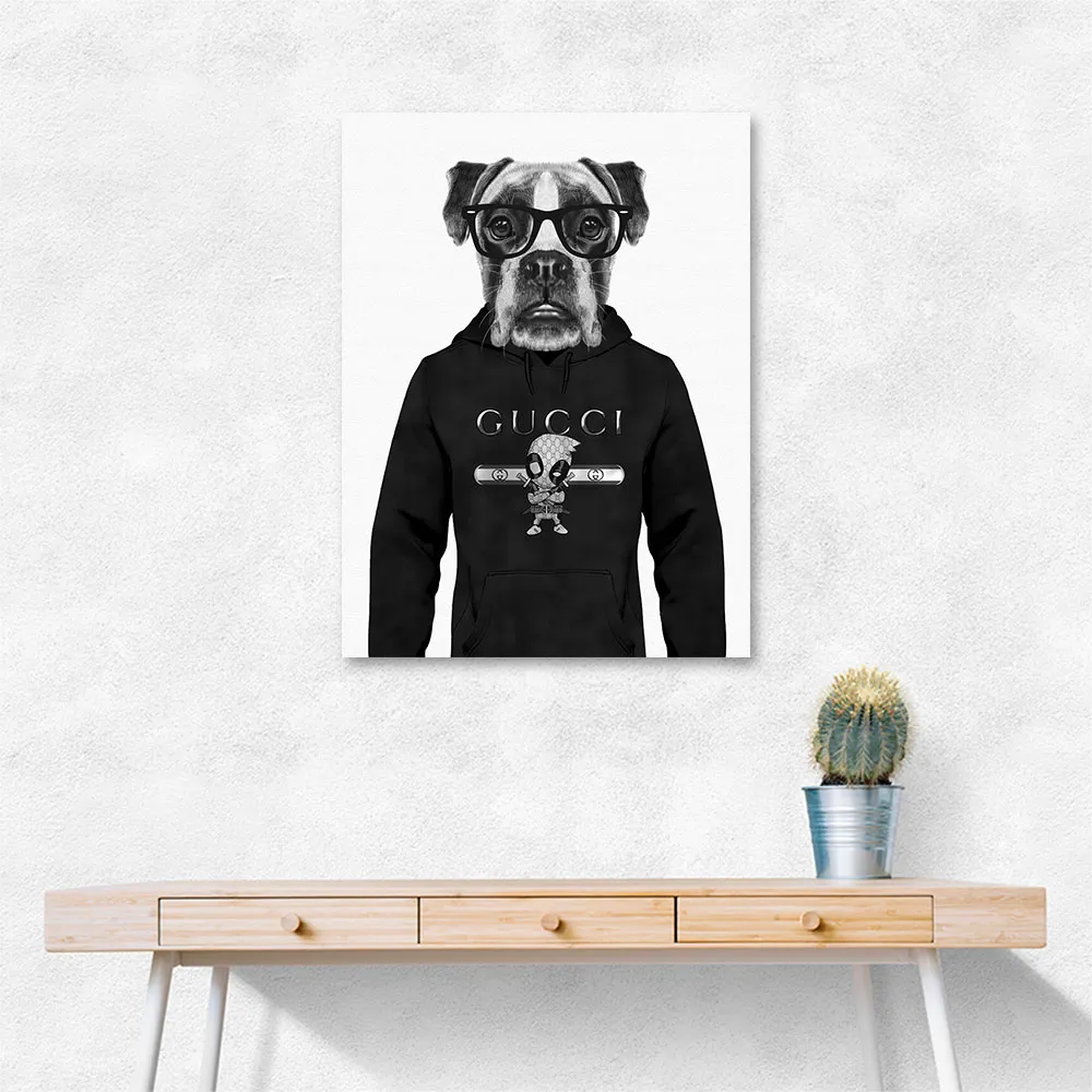 Boxer Dog in a Hoodie Black & White Boxer Dog in a Hoodie Black & White