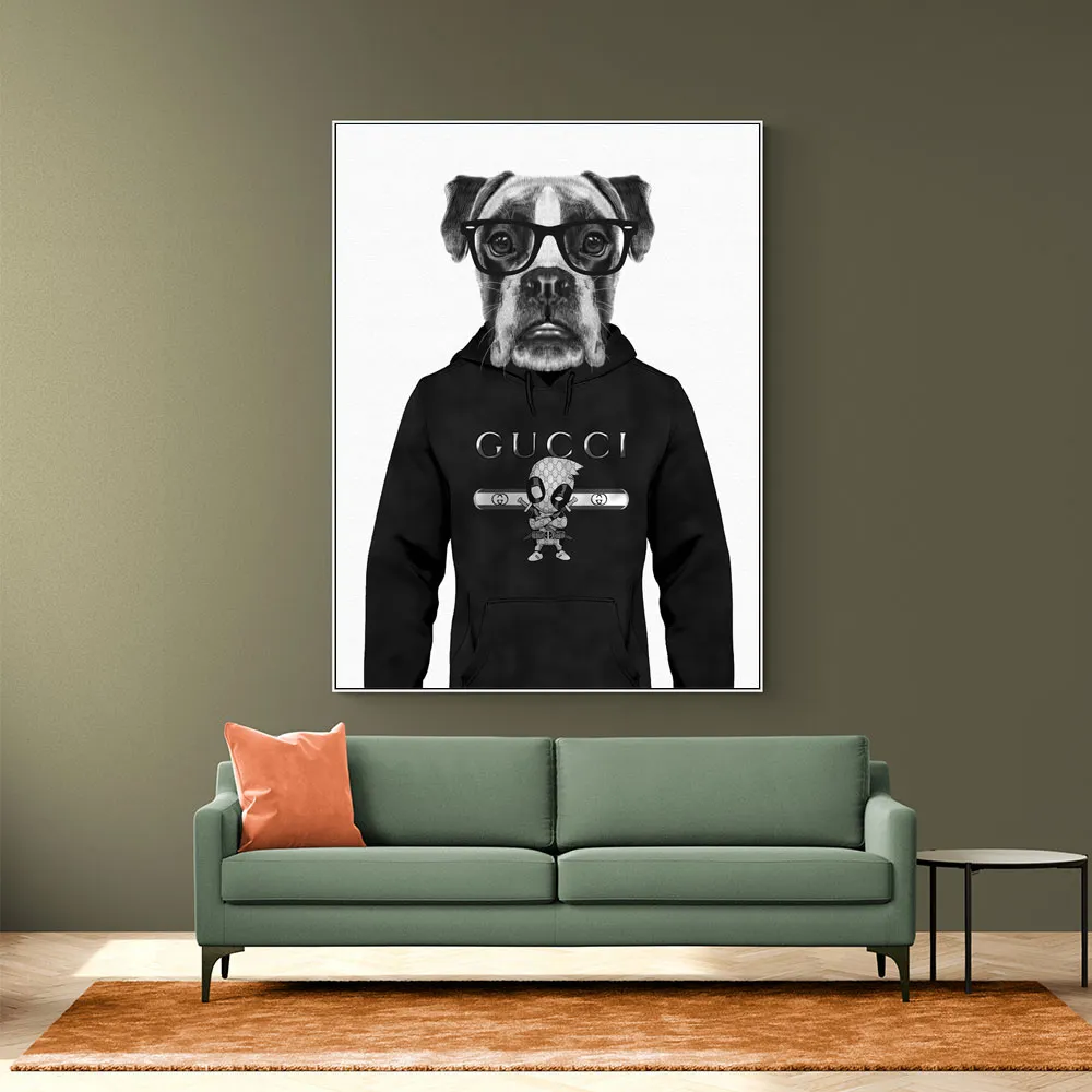 Boxer Dog in a Hoodie Black & White Boxer Dog in a Hoodie Black & White