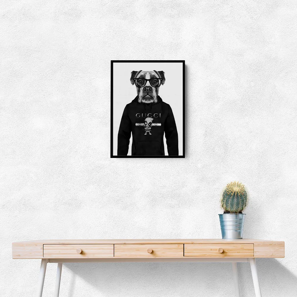 Boxer Dog in a Hoodie Black & White Boxer Dog in a Hoodie Black & White