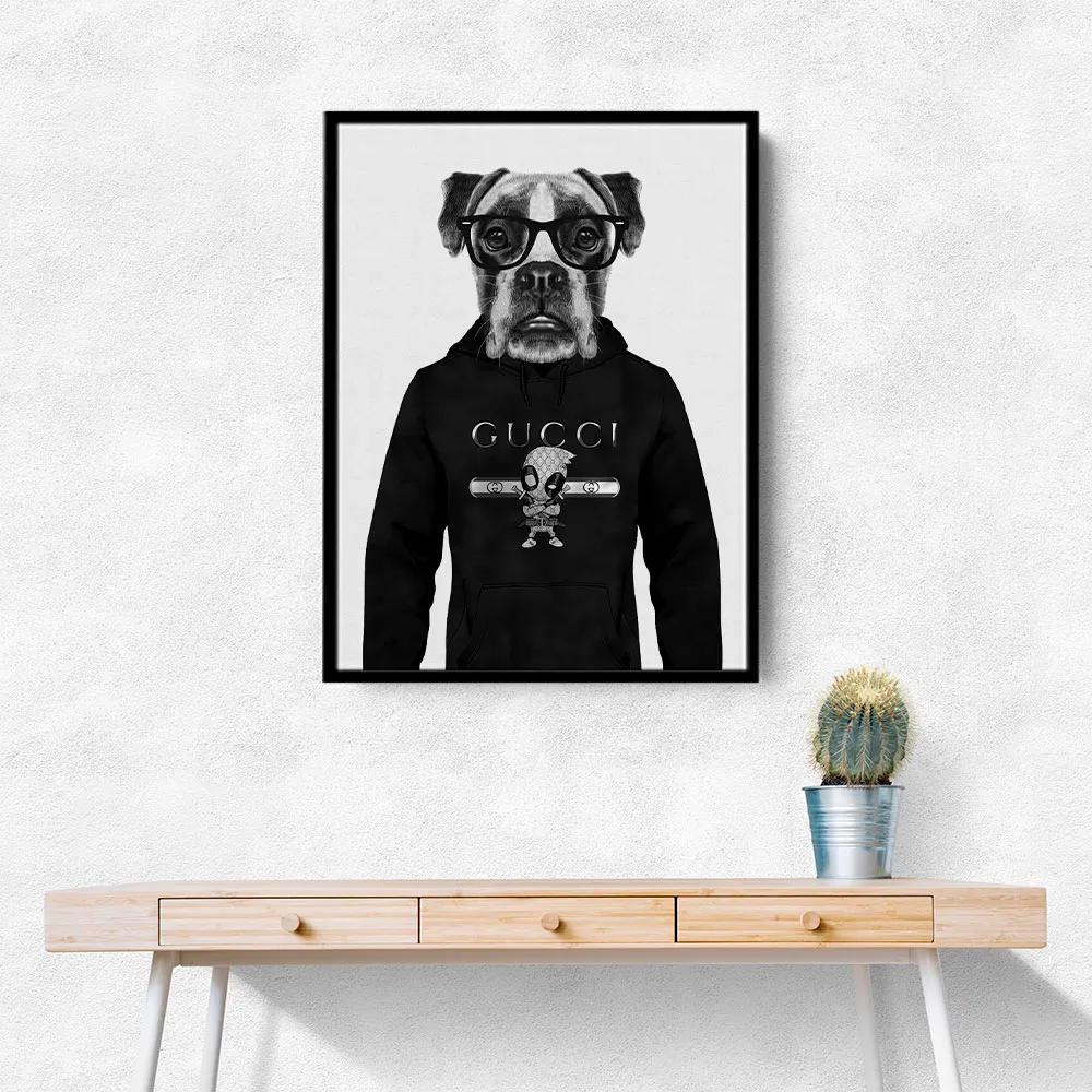 Boxer Dog in a Hoodie Black & White Boxer Dog in a Hoodie Black & White